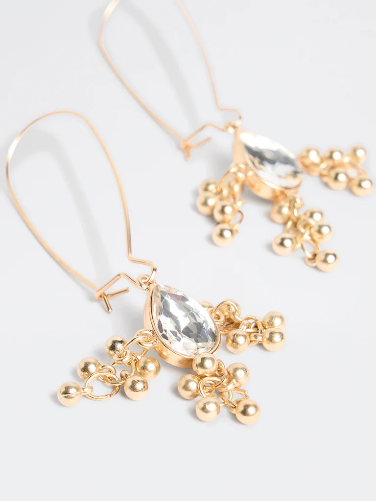 Gold Stone Dangling Charms Fish Hook Earring