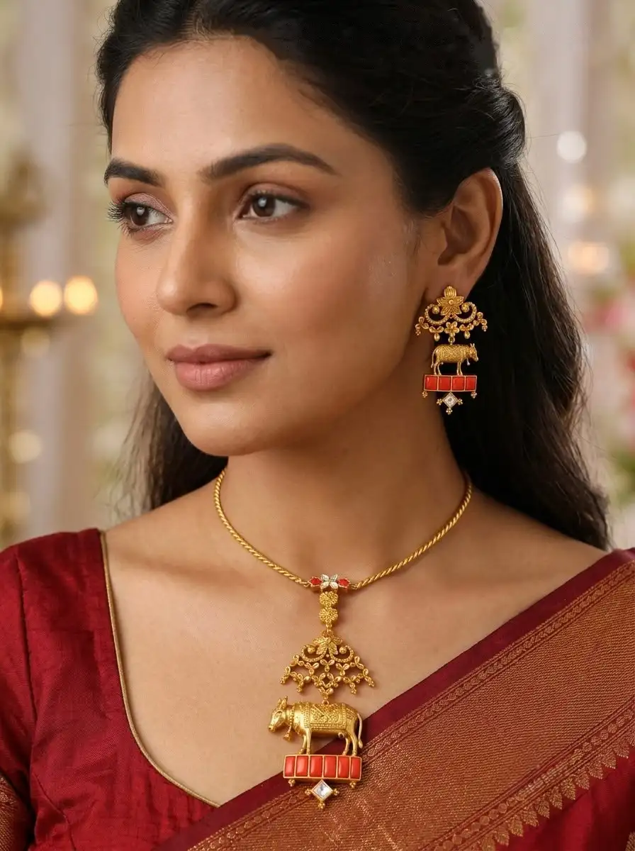 Antique Polish Brass Metal Kamadhenu Cow Design Exclusive Unique Necklace Set