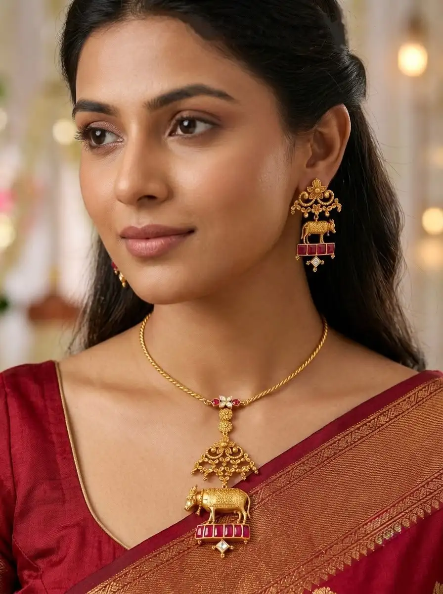 Antique Polish Brass Metal Kamadhenu Cow Design Exclusive Unique Necklace Set
